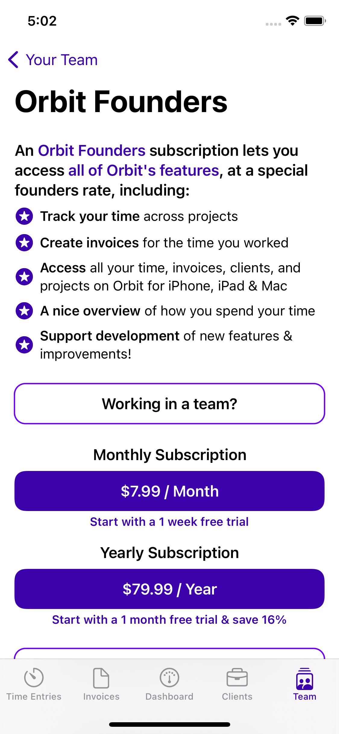 Image of Orbit’s old subscription screen