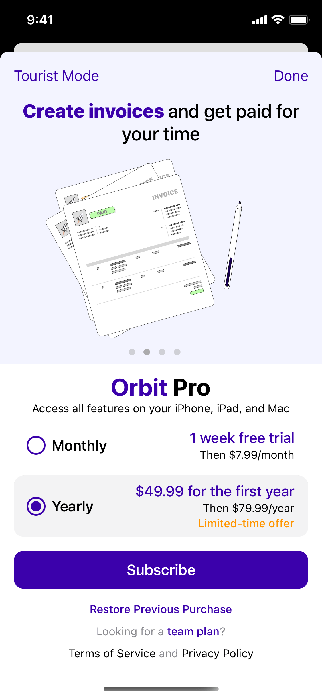 Image of Orbit’s new subscription screen