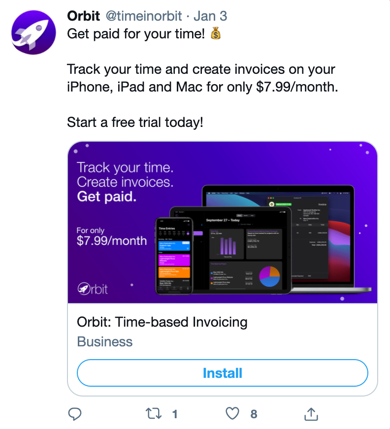 Image of Orbit’s twitter ad with description: “Get paid for your time! 💰Track your time and create invoices on your iPhone, iPad and Mac for only $7.99/month. Start a free trial today!